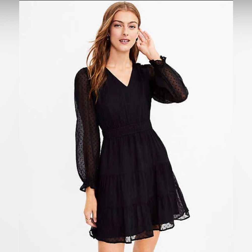 Loft Black Clip Dot Tiered V-Neck Dress. Petite Size 6